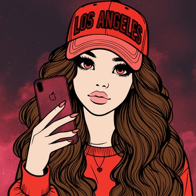 realistic beautiful girl wearing los ángeles cap holding an iphone
