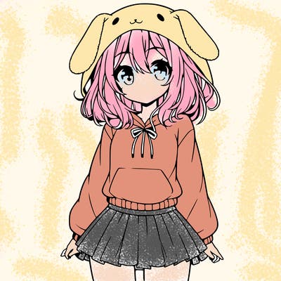pretty anime girl wearing a fluffy hoodie with bunny ears on the hood and a skirt