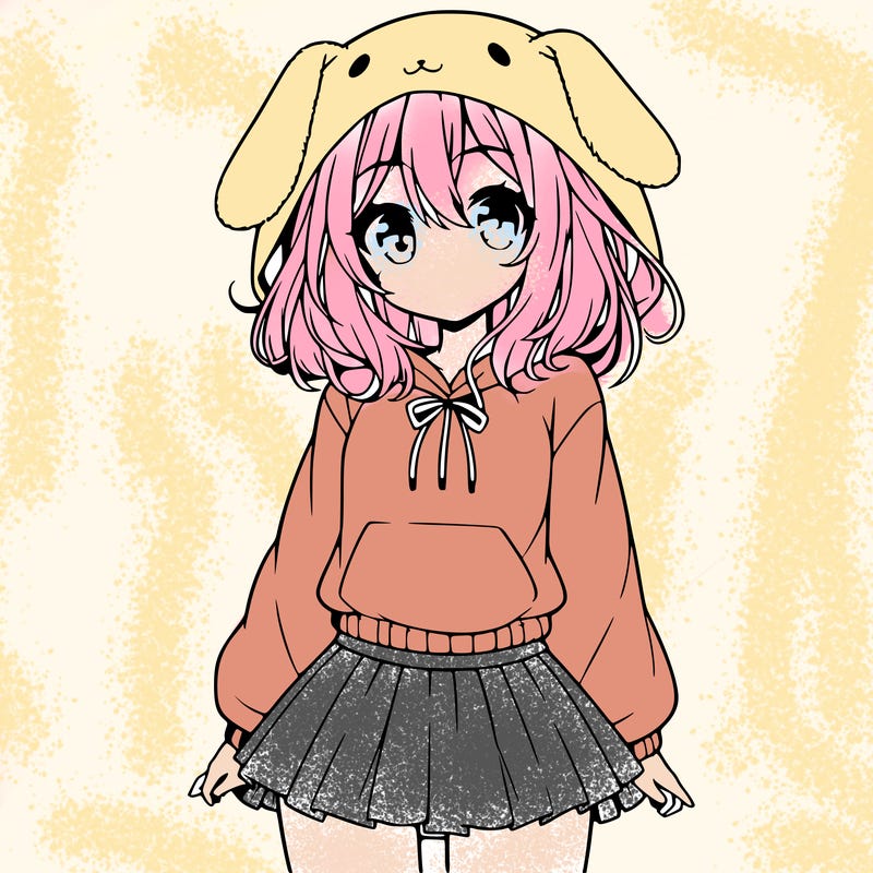 pretty anime girl wearing a fluffy hoodie with bunny ears on the hood and a skirt