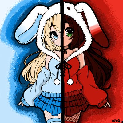 pretty anime girl wearing a fluffy hoodie with bunny ears on the hood and a skirt