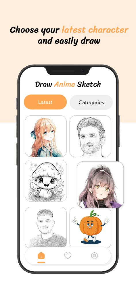 Learn How to Draw Anime Sketch - Mobile app interface showing the latest characters and categories available for anime drawing tutorials
