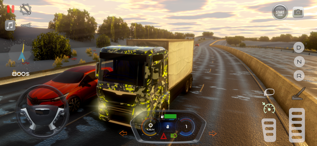 Real Truck Simulator Europe 3D - Gameplay von Real Truck Simulator Europe 3D, das einen LKW mit Tarnmuster auf einer nassen Autobahn bei Sonnenuntergang zeigt