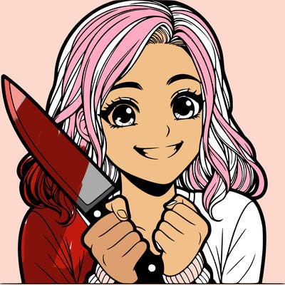 a realistic girl holding a knife and grinning
