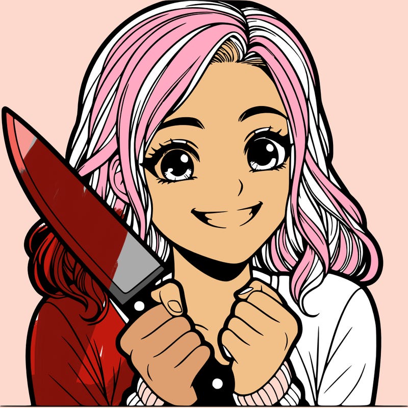a realistic girl holding a knife and grinning