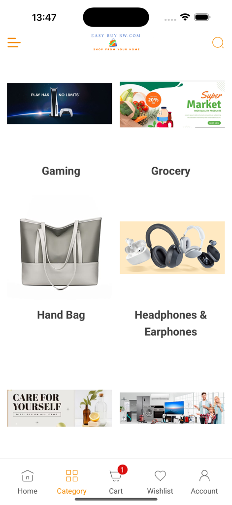Easybuy Rw - Easybuy Rw app interface showing shopping categories for gaming grocery and fashion