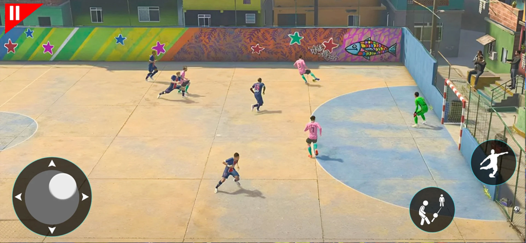 Un partido 3D en el Juego de Fútbol Sala Callejero 2024 con jugadores en una cancha urbana con decoraciones de grafiti y controles en pantalla