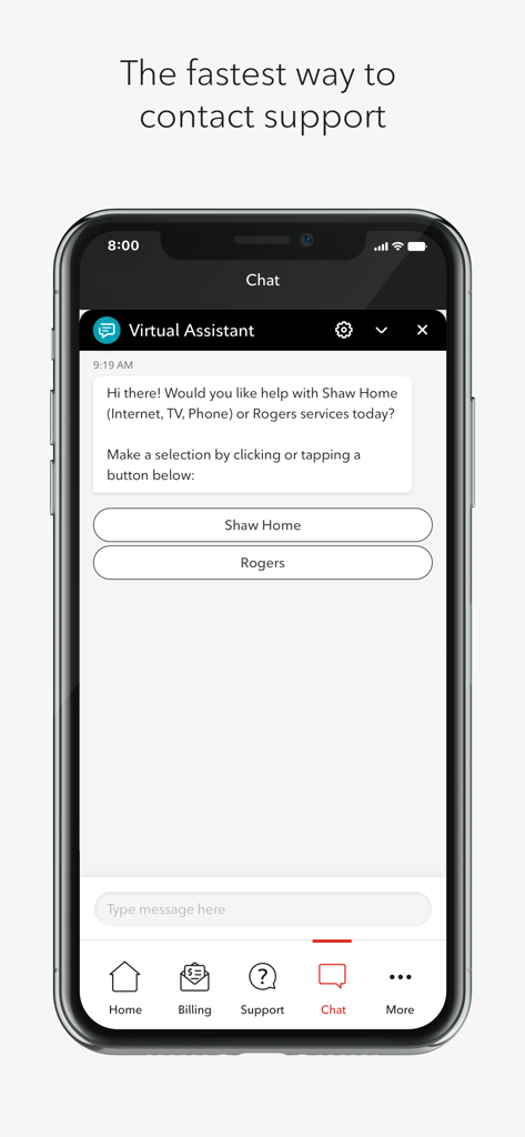Interfaccia di chat dell'app MyRogers Shaw che mostra un assistente virtuale che fornisce opzioni di supporto per servizi domestici e mobili