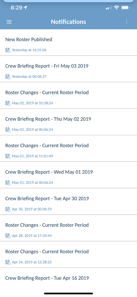 A list of notifications within the Roster Import app showing updates for new rosters crew briefing reports and roster changes