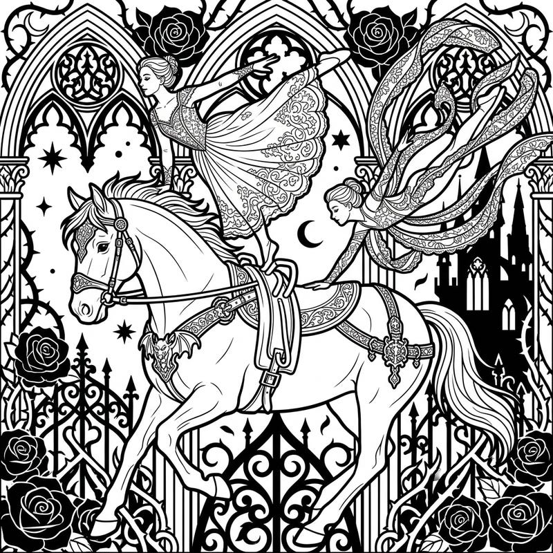 Experience the dramatic fusion of athletic grace and gothic grandeur with this captivating coloring page. Two elegant vaulting athletes perform on a majestic horse, set against a backdrop of intricate Victorian architecture and thorny roses, inviting a world of dark fantasy to life.