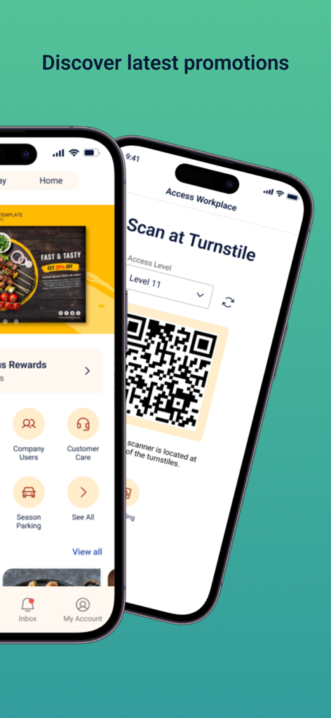 CityNexus-Meet Me in the City - Two mobile screens showing the CityNexus app interface with retail promotions and a workplace QR code access scanner
