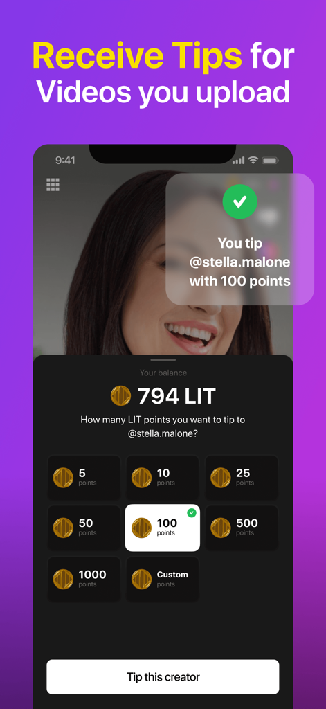 lit.it - Short Video App - Mobile app screen showing options to tip video creators with LIT points.