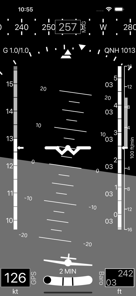 A-EFIS Black and White - Interfaz de instrumentos de vuelo A-EFIS que muestra horizonte artificial, velocidad respecto al suelo y datos de altitud