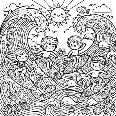 Dive into a world of cuteness with our Kawaii Surfers coloring page! This delightful design features charming characters catching waves, perfect for a joyful coloring experience.