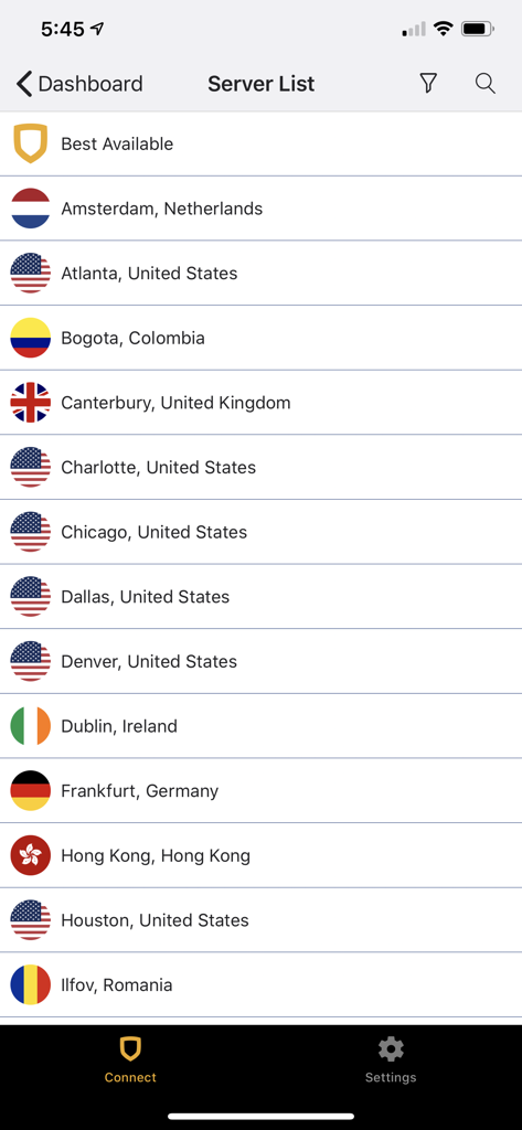 StrongVPN mobile app interface showing a list of global server locations with national flags and city names