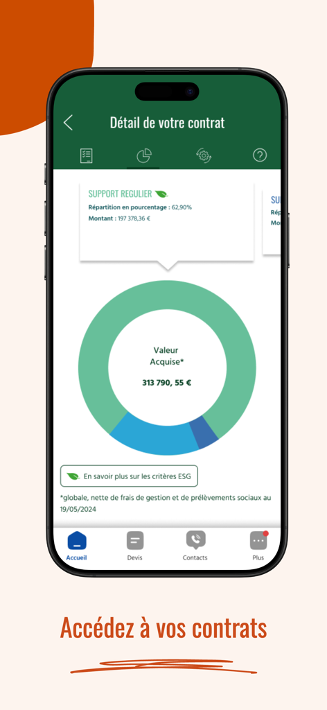 GMF Mobile - Vos assurances - GMF Mobile app screen showing insurance contract details and investment portfolio breakdown