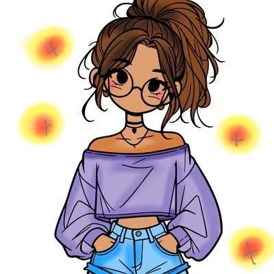 girl with a messy ponytail glasses a baggy crop top and jean shorts