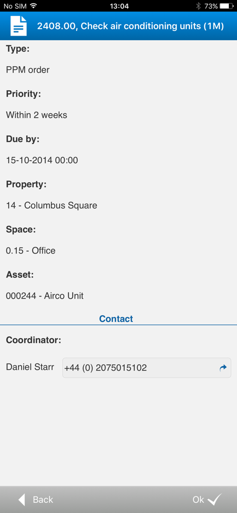 Tela do aplicativo móvel Planon mostrando detalhes da ordem de serviço para manutenção de unidade de ar condicionado