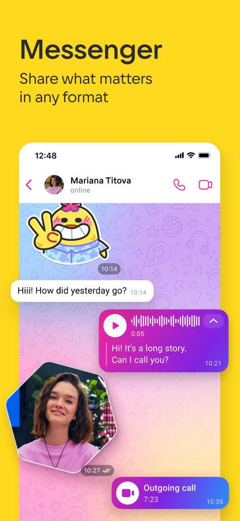 Interfaccia dell'app messenger VK che mostra una chat con adesivi, messaggi audio e informazioni sulla chiamata.
