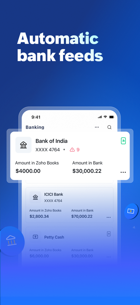 Accounting App - Zoho Books - Zoho Books mobile app interface displaying automatic bank feeds and account reconciliation between bank and book balances.