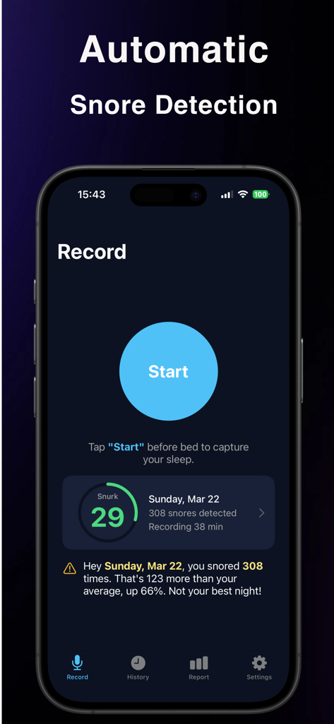 SnoreTracker:Snoring Recorder - Interface of SnoreTracker app featuring automatic snore detection and a start button to record sleep
