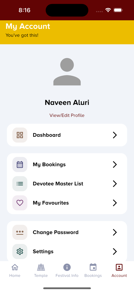 Kanakadurgamma Temple - User account and profile dashboard of the Kanakadurgamma Temple app showing bookings and settings