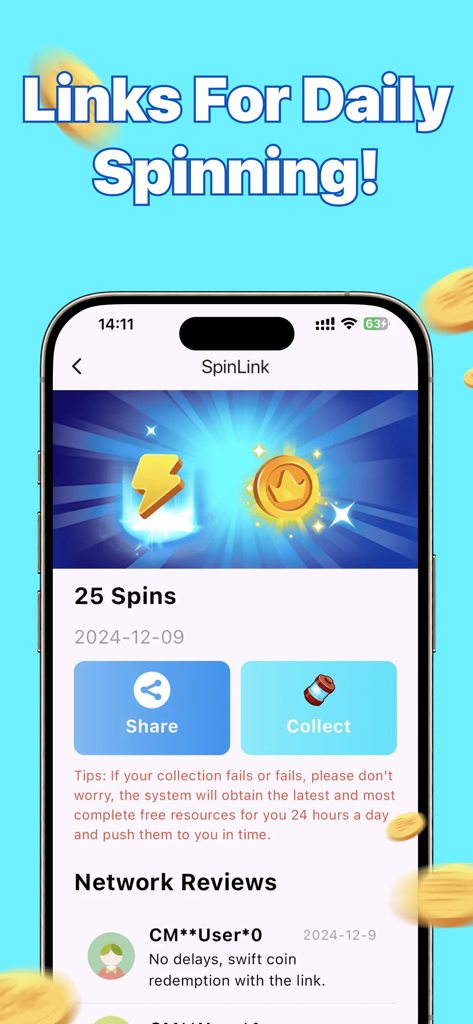 SpinLink - Spins and Coins - SpinLink mobile app interface showing daily reward links for spins and coins