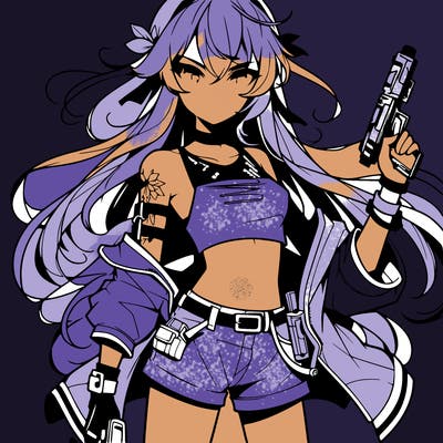 bad girl wearing crop top holding a gun long hair anime