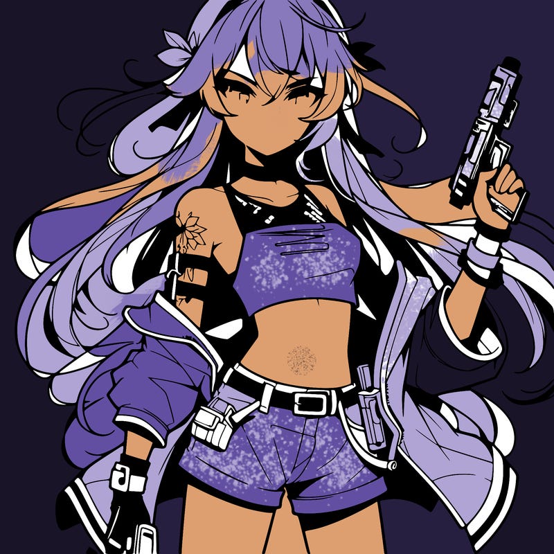 bad girl wearing crop top holding a gun long hair anime