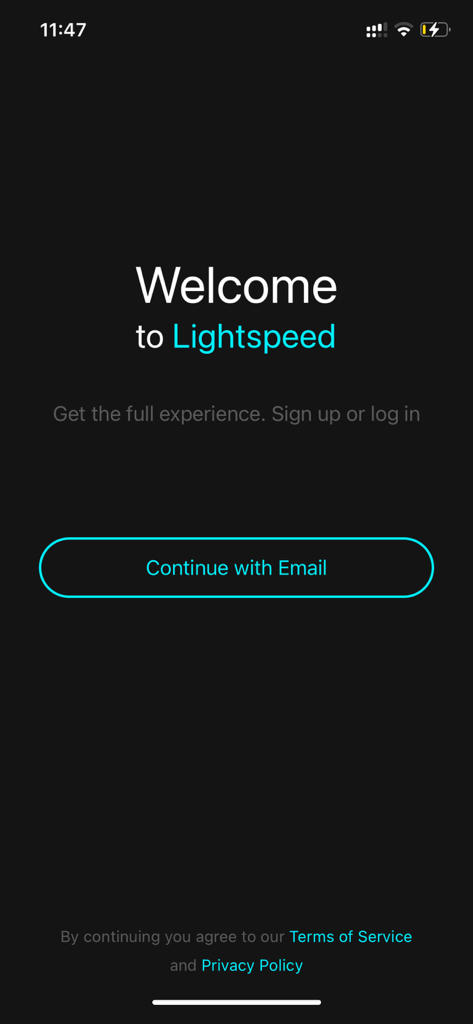 The welcome and login screen of the Lightspeed aviation companion app