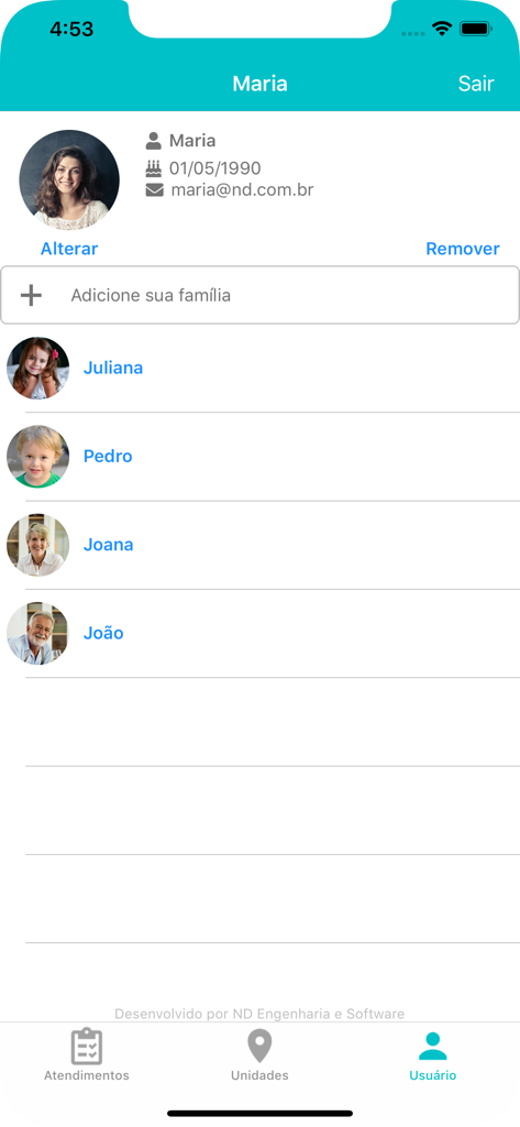 Laboratório Hemolab - Tela de perfil do usuário no aplicativo Laboratório Hemolab exibindo uma lista de membros da família para rastreamento de saúde gerenciado