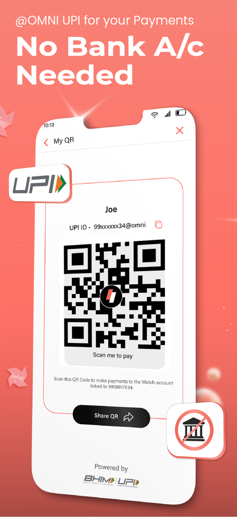 OmniCard app interface showing a personalized UPI QR code for payments without needing a bank account