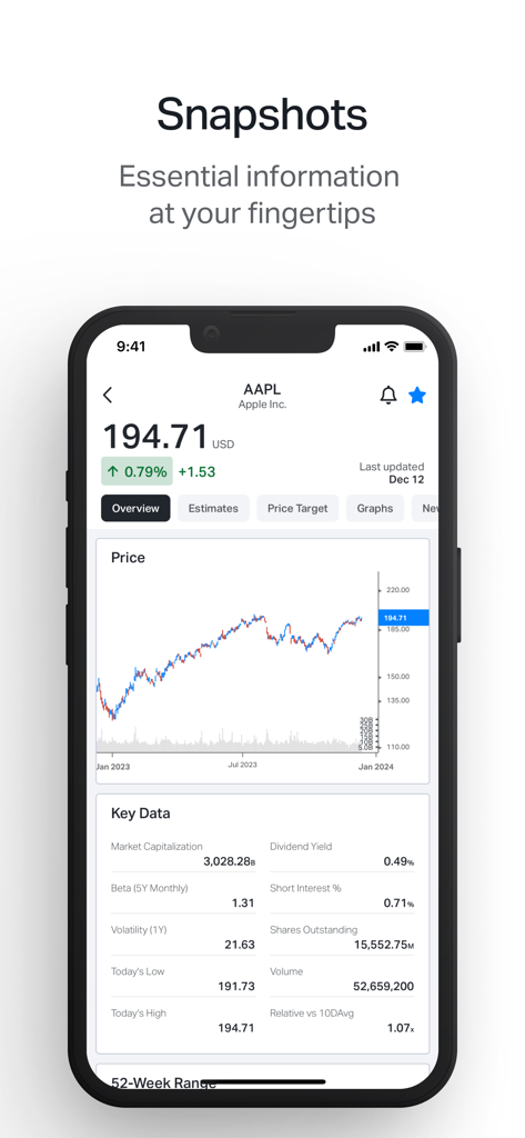 Koyfin: Market Data & Analysis - Koyfin 모바일 앱에 가격 차트와 주요 금융 데이터가 포함된 Apple 주식 스냅샷 표시