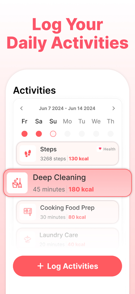 SheFit: Home Workout for Women - A mobile app interface showing a log of daily activities like steps, cleaning, and cooking with calorie tracking for women.