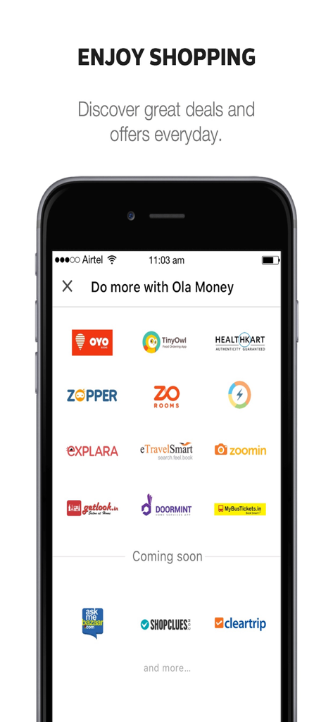 Ola Money - Wallet & Payments - A mobile screen from the Ola Money app showing a list of integrated Indian shopping partners and merchants like OYO and HealthKart for daily deals.