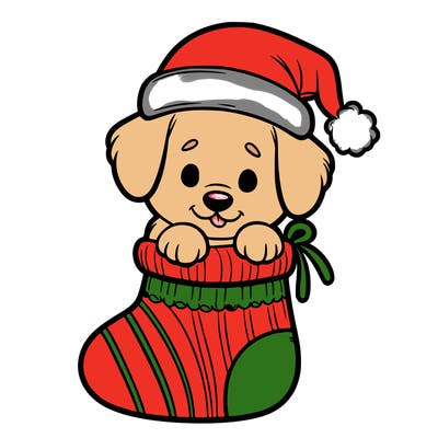 cute puppy wearing santa hat in socking