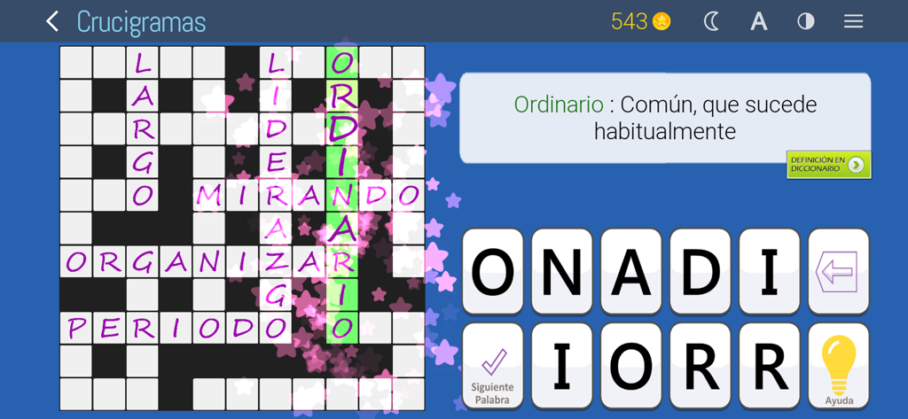 Crucigramas clásicos - Interfaz de crucigramas en español con entrada de palabras de anagrama y definición de vocabulario