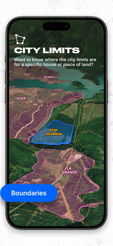 L'application Land id affichant les limites de la ville et les limites de propriété sur une carte topographique 3D
