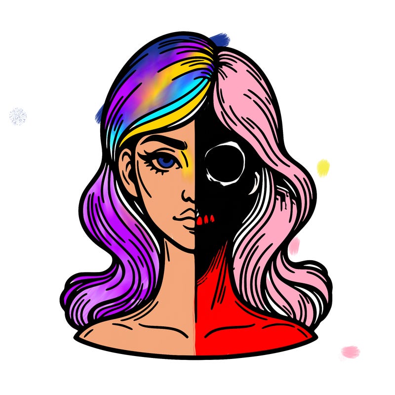 bust of a woman, half face and hair, half skull