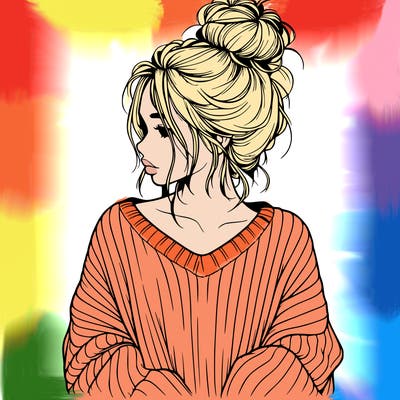 realistic girl wearing a messy bun and an oversized sweater