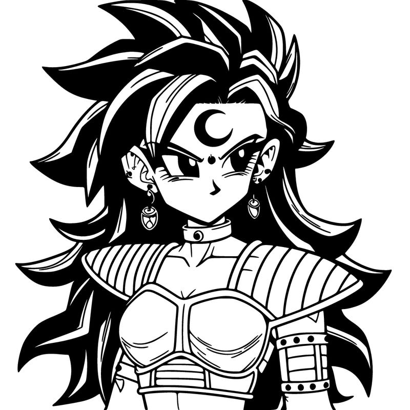 dbz punk female, beautiful, gothic armor, long hair with crescent moon tattoo on forehead