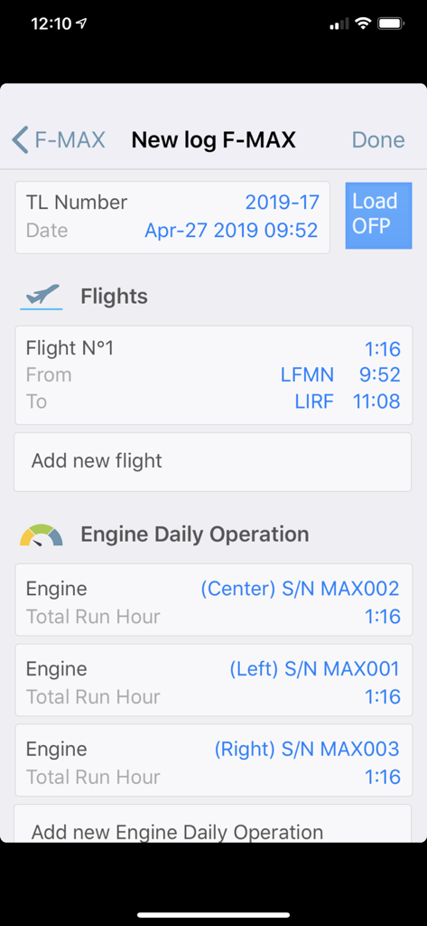 Blue Eye - Blue Eye app interface for creating a new technical log entry showing flight details and engine operation hours.