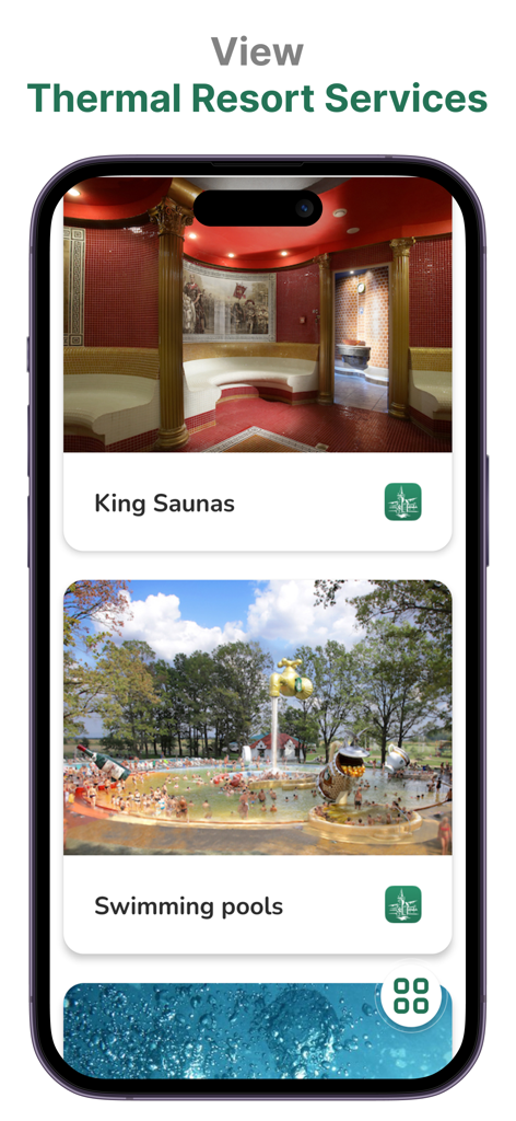Interfaccia dell'app mobile Kosino che mostra servizi del resort termale inclusi saune e piscine