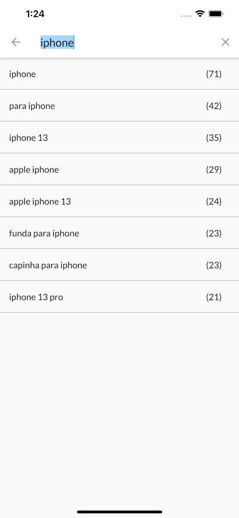 Mega Eletrônicos - The search screen of the Mega Eletronicos app displaying iPhone related results and category counts.