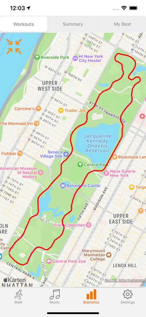 walk.App - Walking with GPS - walk.Appのマップインターフェースに表示された、ニューヨーク市のセントラルパークを通過する赤いGPSウォーキングルート。