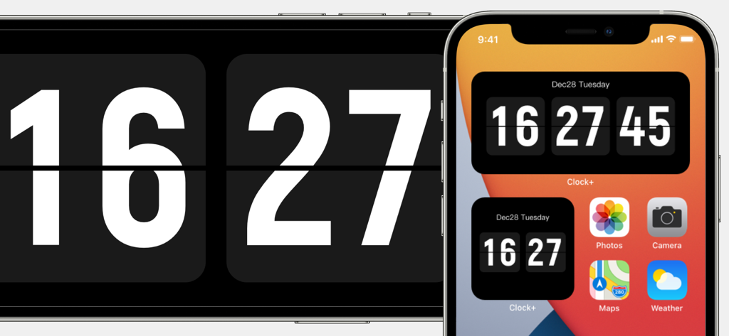 Minimalist flip clock app showing landscape view and home screen widgets
