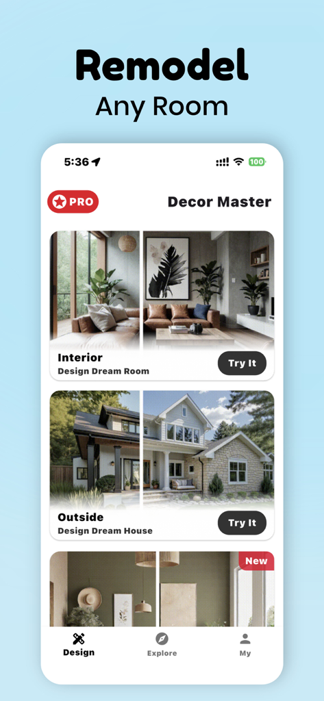 Decor Master-AI Home Design - Decor Master app interface showing interior and exterior home design options