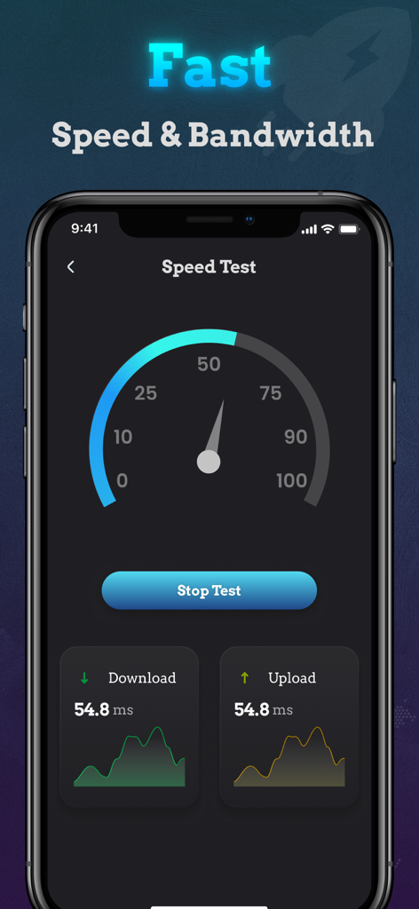 Screenshot of Stealth VPN app showing a speed test interface with a speedometer and download and upload bandwidth graphs