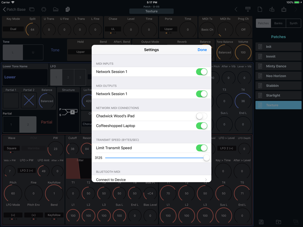 Patch Base MIDI settings menu on iPad showing network and bluetooth connection options for hardware synthesizers