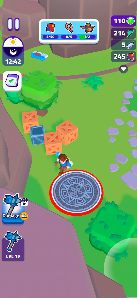 Island Scavenger: Wild Mystery - 古代の遺跡とリソースクレートの近くのキャラクターが表示されているアイランド・スカベンジャー ワイルド・ミステリーのゲームプレイ