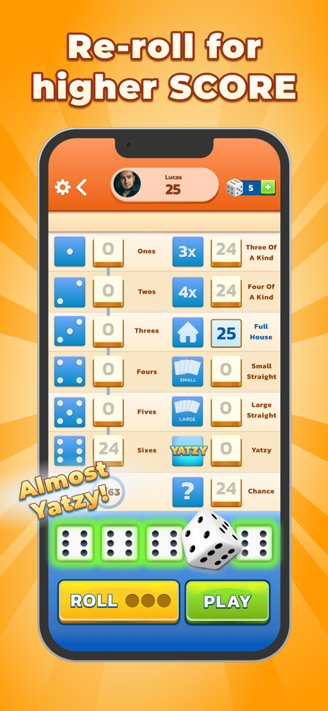A smartphone screen showing the Yatzy dice game score sheet and rolling dice for a high score.